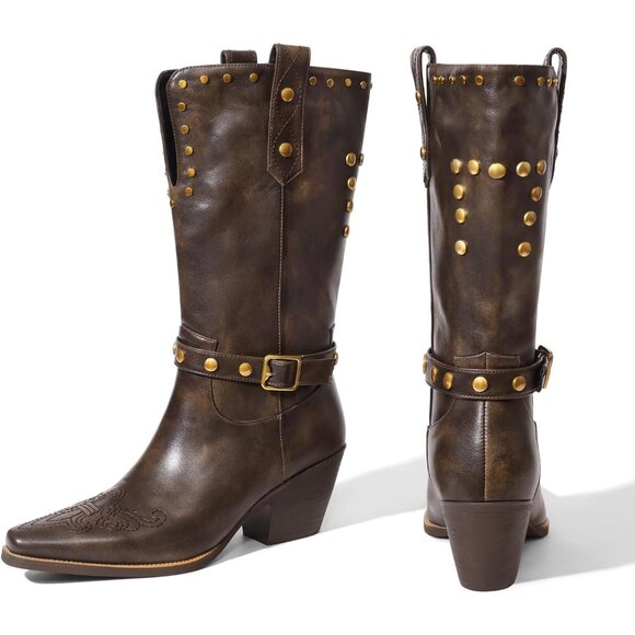 Womens Brown Faux Leather Mid Calf Square Toe Block Chunky Heel Studded Boots - Picture 4 of 8